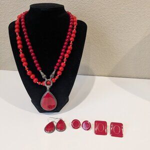 Set of 2 necklaces and three pairs of earrings, vintage red costume jewelry